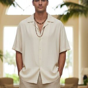 Godbody Collection 100% Linen Tan Shirt XL | Short Sleeve Designer Button Down